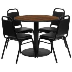 Emma and Oliver 36" Round Laminate Table Set with 4 Trapezoidal Banquet Chairs WalnutTop/BlackVinyl