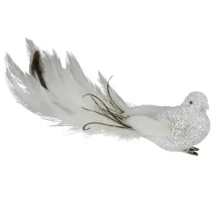 Northlight 8" White and Black Glittered Bird with Feather Tail Christmas Ornament with Clip