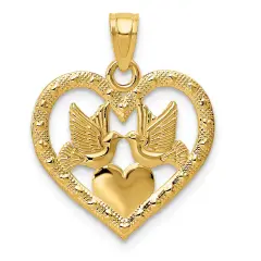 14K Gold Two Doves In Heart Pendant Charm Jewelry 21 x 17 mm