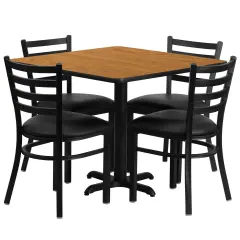Emma and Oliver 36" Square Laminate X-Base Table Set with 4 Ladder Back Chairs NaturalTop/BlackVYL