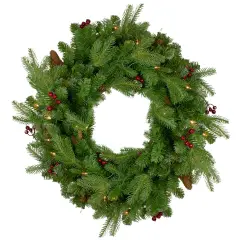 Northlight Real Touch&trade;️ Pre-Lit Mixed Winter Berry Pine Artificial Christmas Wreath - 24" - Clear Lights Green