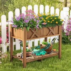 Elevated Planter Box with Drainage Poly Wood Raised Garden Bed for Vegetables and Herbs Coffee