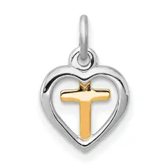 Sterling Silver & Vermeil with Heart Cross Charm Jewerly 15mm x 10mm