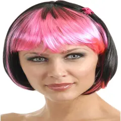 Women's 2-Tone Black and Fuchsia Costume Bob Wig With Bangs
