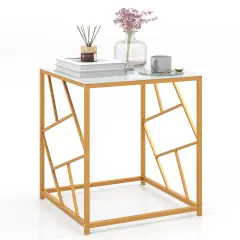 Costway 19.5'' Side Table Square Bedside Sofa Accent Coffee Table with Tempered Glass Top