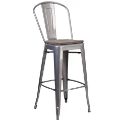 Merrick Lane Vesemir Stool with Powder Coated Metal Frame and Textured Wooden Seat Clear Coated