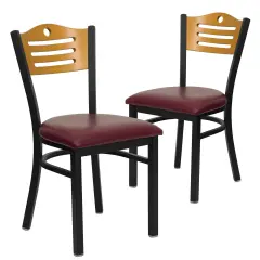 Emma and Oliver 2 Pack Slat Back Metal Restaurant Chair Natural/BurgVY/Black