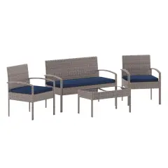 Emma and Oliver 4 Piece Patio Set with Steel Frame and Cushions - Outdoor Seating Light Gray/Navy