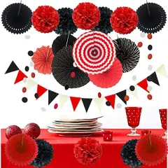 Party Decoration, 21 Pcs Black and Red Hanging Paper Fans Pom Poms Flowers, Garlands String Polka Dot and Triangle Bunting Flags for Minnie Mouse Birthday Parties Baby Showers Wedding