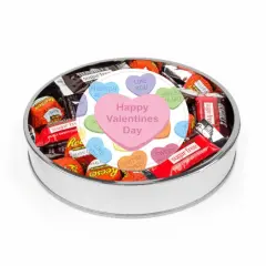 Valentine's Day Sugar Free Candy Gift Tin Large Plastic Tin with Sticker and Hershey's Chocolate & Reese's Mix - Conversation Hearts