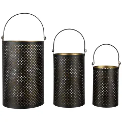 Northlight Iron Mesh Candle Holders with Handles - 10" - Black and Gold Finish - Set of 3