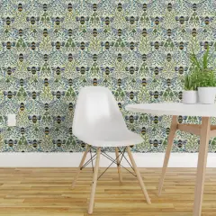 Peel & Stick Wallpaper 2FT Wide Mushroom Botanical Bumblebee Pollinator Medium Scale Blue Green Gold Custom Removable Wallpaper by Spoonflower