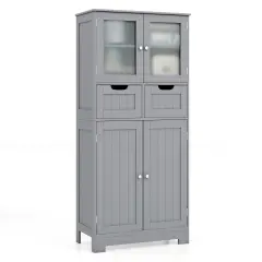3 Tier Freer-Standing Bathroom Cabinet with 2 Drawers and Glass Doors Gray