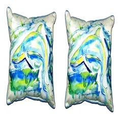 Pair of Betsy Drake Green Shark Large Pillows 16 Inch X 20 Inch