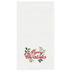 "Merry Christmas" Holly Branches Embroidered 100% Cotton Waffle Weave Dishtowel