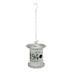 White and Black Vintage License Plate Metal Hanging Birdhouse / Birdfeeder