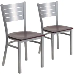Emma and Oliver 2 Pack Silver Slat Back Metal Restaurant Chair MahoganySeat/Silver