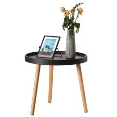 Modern Plastic Round Side Table Accent Coffee Table with Beech Wood Legs Black