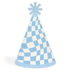 Big Dot of Happiness Blue Checkered Party - Cone Happy Birthday Party Hats for Kids and Adults - Set of 8 (Standard Size)