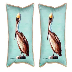 Pair of Betsy Drake Pelican - Teal Small Outdoor Pillows 11X 14