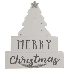 Northlight Star Topped Tree "Merry Christmas" Wooden Block Decoration - 6.75" White