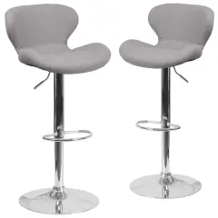 Emma and Oliver 2 Pack Contemporary Vinyl Adjustable Height Barstool with Curved Back and Chrome Base Gray Fabric