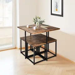 5 Pieces Metal Frame Dining Set with Compact Dining Table and 4 Stools Walnut - Black