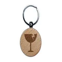 Fragile Glass Icon Engraved Wood Round Keychain Tag Charm