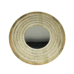 Carved Wooden Frame Round Wall Mirror 23.5 Inch Diameter Hand Painted Accents