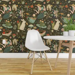 Pre-Pasted Wallpaper 2FT Wide Multicolor Books Cottagecore Kitsch Whimsical Story Time Nature Woodland Bunny Mushroom Frog Princess Custom Pre-pasted Wallpaper by Spoonflower