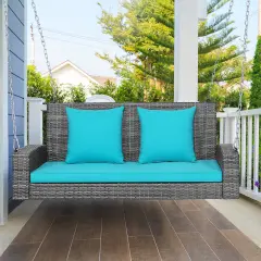 2-Person Patio PE Wicker Hanging Porch Swing Bench Chair with Cushion Turquoise