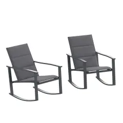 Merrick Lane Brevyn Set of 2 Flex Comfort Outdoor Rocking Chairs with Steel Frames Black