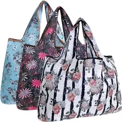 Wrapables Large Foldable Tote Nylon Reusable Grocery Bags, 3 Pack Vintage Flowers