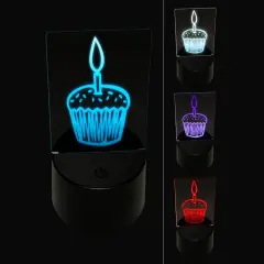 Sprinkled Birthday Cupcake with Candle 3D Illusion LED Night Light Sign Nightstand Desk Lamp