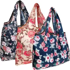 Wrapables Large Foldable Tote Nylon Reusable Grocery Bag, 3 Pack Rose Garden