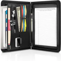 SIMBOOM Zippered Leather Padfolio Multi-Functional Organizer- (Black)