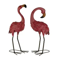 Set of 2 Decorative Metal Pink Flamingo Yard Statues