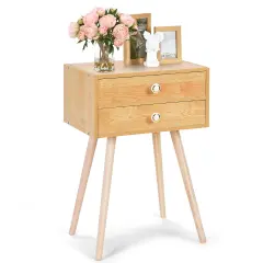 Modern Floor Standing 2 Drawers Nightstand with Wooden Legs and Golden Knob Natural