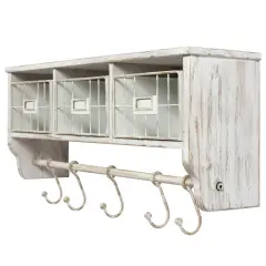HBCY Creations Rustic Coat Rack Wall Mounted Shelf with Hooks & Baskets, Entryway Organizer Wall Shelf with 5 Coat Hooks and Cubbies White Wash