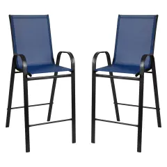 Merrick Lane Set of 2 Manado Series Metal Bar Height Patio Chairs with Flex Comfort Material Navy
