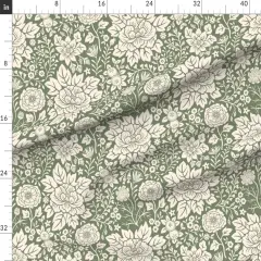 Various Fabrics by the Yard or Fat Quarter Sage Green Floral Hand Drawn Traditional Classic Serene And Cream Block Print Custom Printed Fabric by Spoonflower