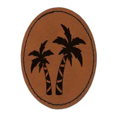 Two Palm Trees Tropical Round Iron-On Engraved Faux Leather Patch Applique - 2.5" Brown