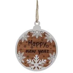 Northlight Wooden Snowflake "Happy New Year"Christmas Ornament Disc - 7" - White and Brown