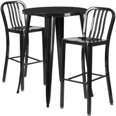 Emma and Oliver Commercial 30" Round Metal Indoor-Outdoor Bar Table Set & 2 Slat Back Stools Black