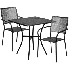 Emma and Oliver Commercial Grade 28" Square Metal Garden Patio Table Set w/ 2 Square Back Chairs Black