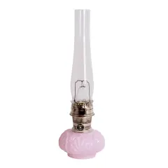 Aladdin Crown Tuscan Genie II Oil Lamp for Shelf or Table, Indoor Emergency Lighting, Limited Edition in Pink Glass with Nickel Burner
