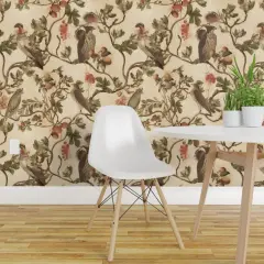 Pre-Pasted Wallpaper 2FT Wide Vintage Birds Watercolor Chinoiserie Antiqued Of Prey Sepia Green Tan Botanical Custom Pre-pasted Wallpaper by Spoonflower