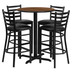Emma and Oliver 30" Round Laminate Table Set with X-Base and 4 Ladder Back Stools WalnutTop/BlackVinyl