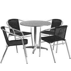 Emma and Oliver 31.5" Round Aluminum Garden Patio Table Set with 4 Rattan Chairs Black