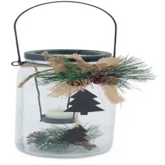 Melrose 9.75" Country Cabin Glass Jar with Dangling Tree Accent Christmas Tea Light Candle Holder Clear